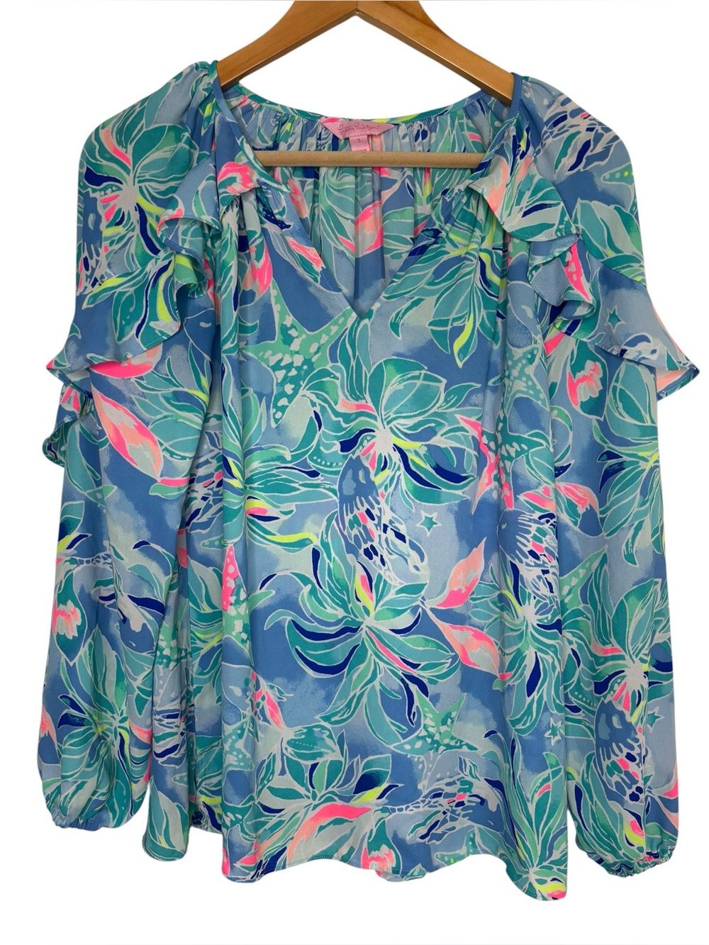 Lilly Pulitzer blouse teal pink floral long sleeve ruffle sleeve size small